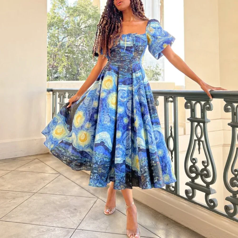 BEST Selkie The Starry Night Day Midi Dress Navy Van Gogh Masterpiece Medium - Picture 4 of 14